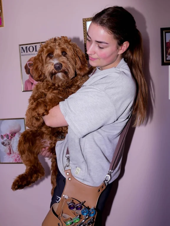 Tessa met een verzorgde labradoodle in de arm in haar hondentrimsalon in Boekel